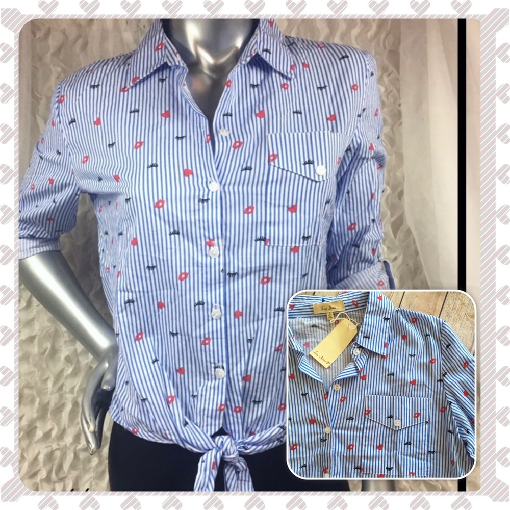 LOVE NOTES | Kisses Winks Tie Front Top NEW Blue & White Striped Oxford Blouse